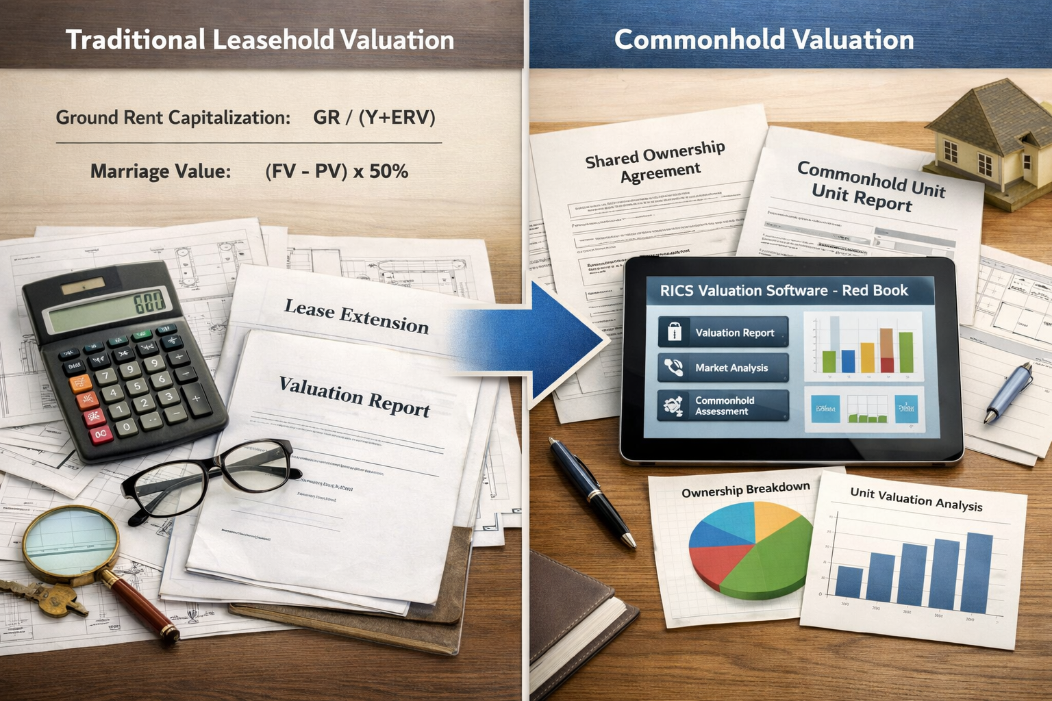 () split-screen comparison image showing traditional leasehold valuation methodology on left versus new commonhold-adapted