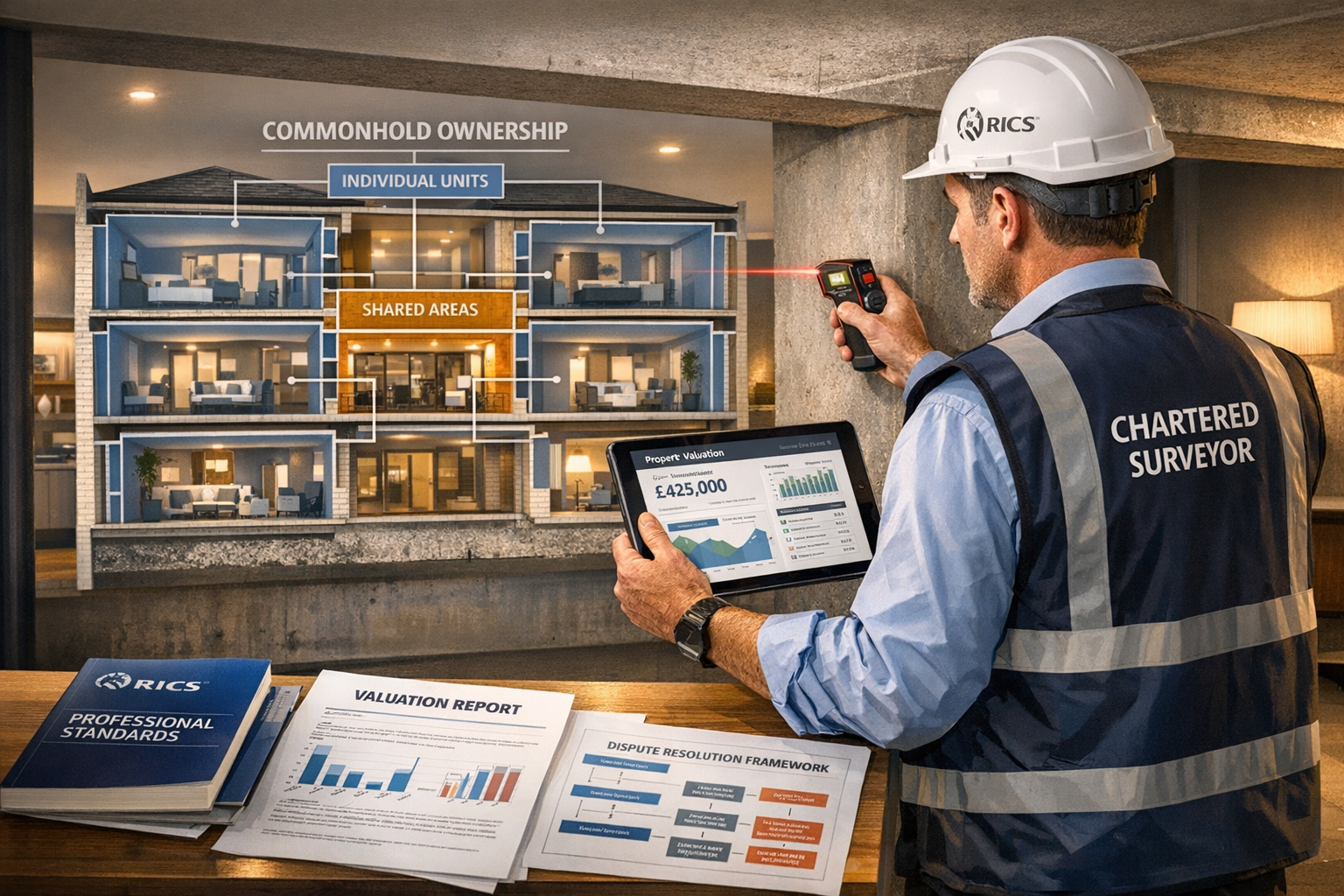 () professional scene showing RICS chartered surveyor conducting property inspection in modern English apartment building,