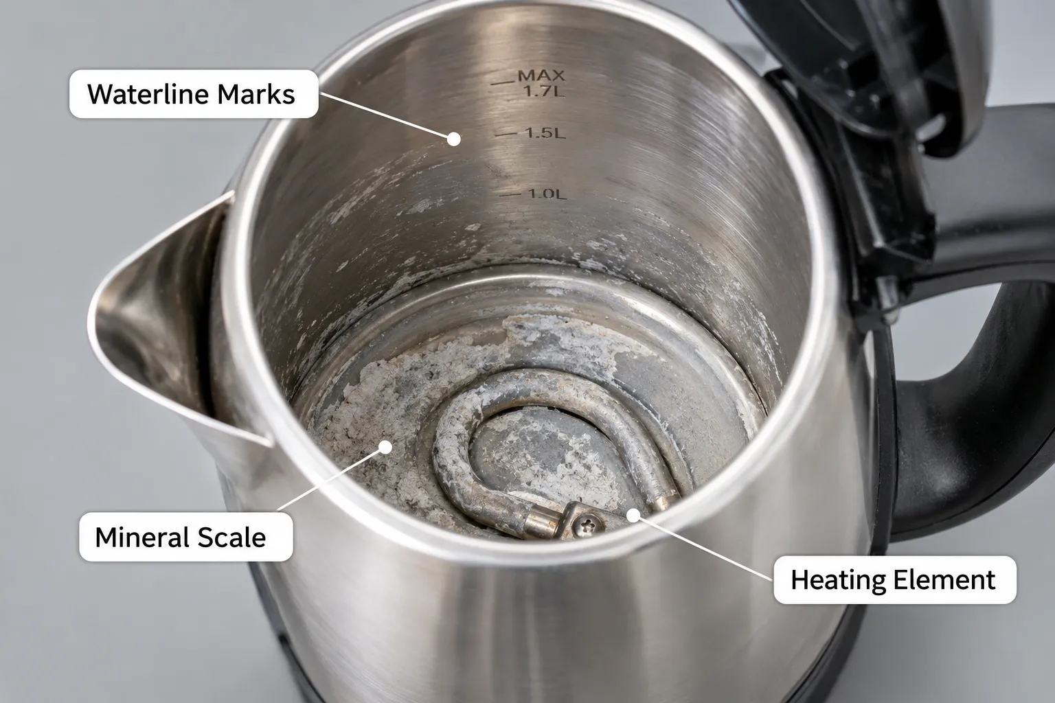 Descale Fellow Kettle Annotated documentary style photograph of a stainless steel electric kettle interior showing visible white chalky limescale buildup around the heating element at the base, with three callout labels pointing to Mineral Scale, Heating Element, and Waterline Marks, shot under bright studio lighting, close up macro angle, neutral gray background, editorial kitchen appliance photography. How Often Should You Descale a Fellow Kettle?