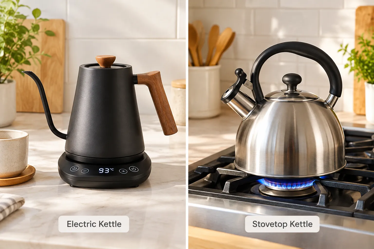 Descale Fellow Kettle Side by side comparison panel image split into two halves: left half labeled Electric Kettle shows a modern gooseneck electric kettle on a kitchen counter with a digital temperature display, right half labeled Stovetop Kettle shows a classic whistling kettle sitting on a gas stove flame, both halves in bright natural kitchen lighting, clean minimalist composition, warm neutral tones, magazine comparison layout with small text labels under each half. Cleaning the Fellow Kettle Inside and Outside
