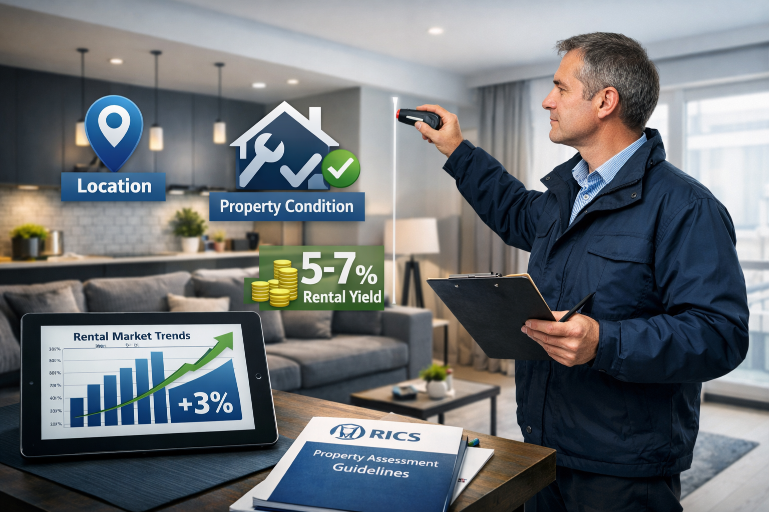 Detailed landscape format (1536x1024) image showing professional surveyor conducting buy-to-let property inspection in modern London apartme