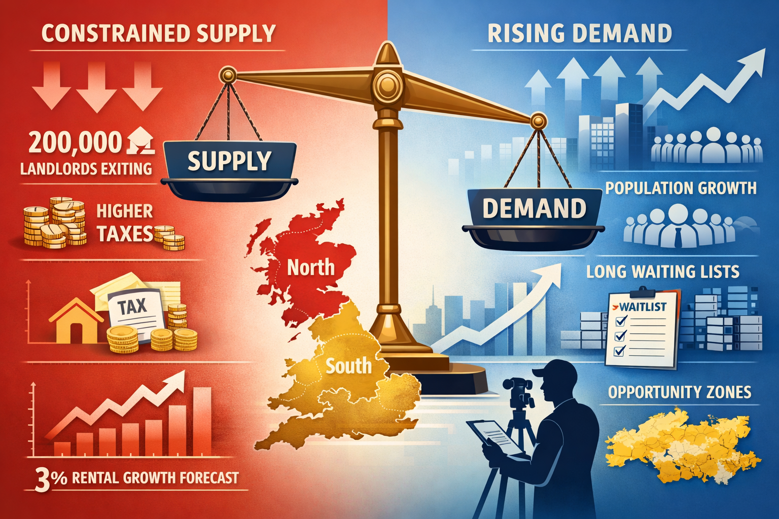 Detailed landscape format (1536x1024) infographic-style image illustrating constrained supply versus rising demand in lettings market. Visua