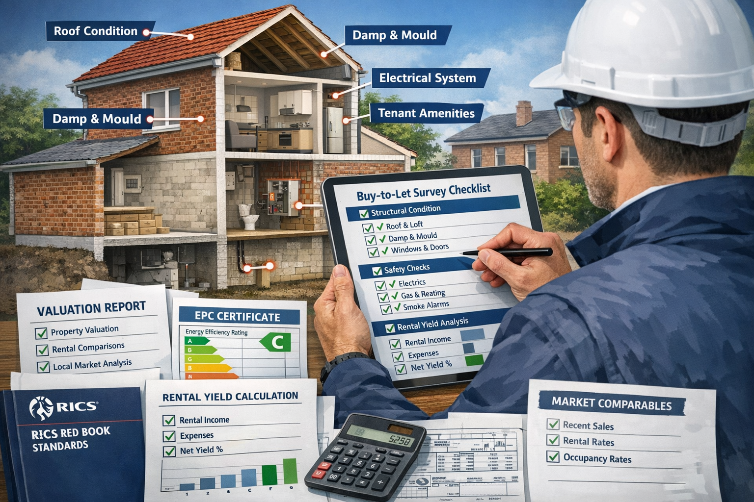 Detailed landscape format (1536x1024) image showing comprehensive buy-to-let survey checklist being completed by RICS chartered surveyor. Sc