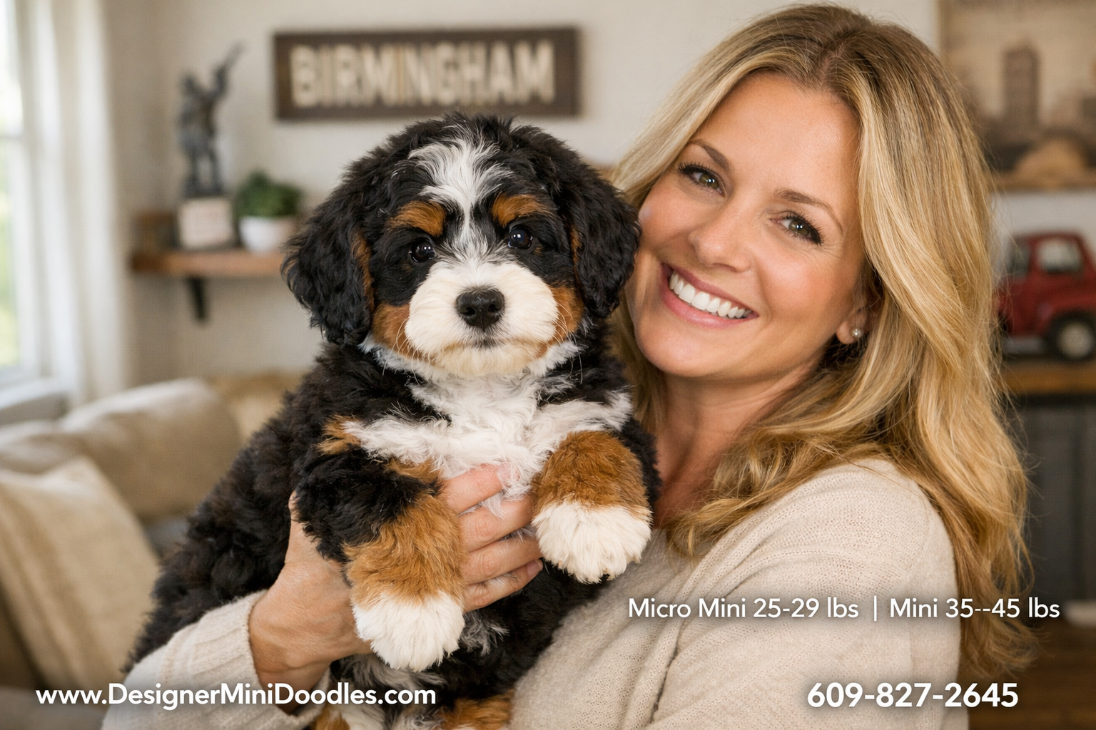 () image of a miniature bernedoodle puppy with classic tri-color markings (black, white, rust) being held by a smiling woman