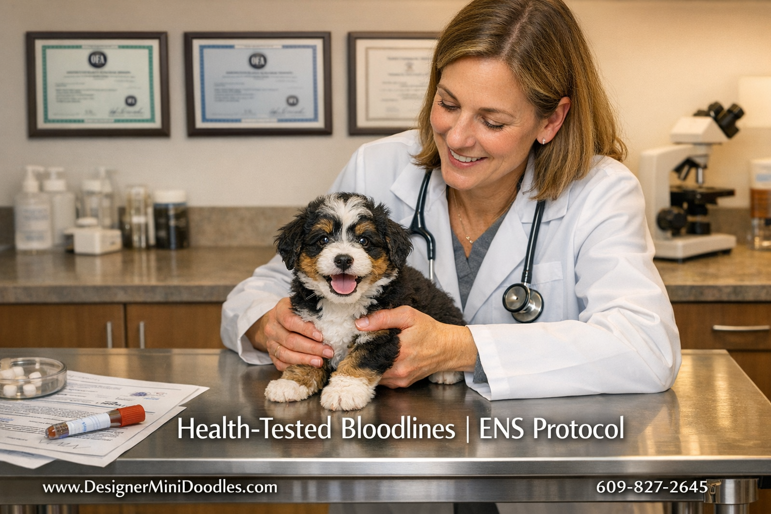 () photo of a veterinarian or animal biologist in a clean white lab coat examining a tiny bernedoodle puppy on a stainless