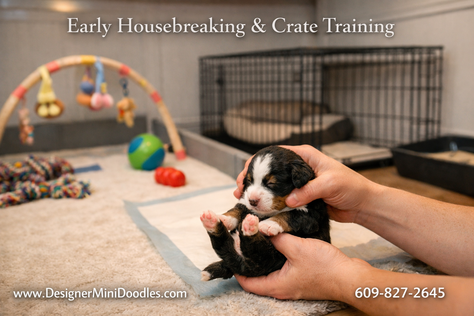 () image showing the puppy training and socialization process: a bernedoodle puppy in a clean whelping area with enrichment