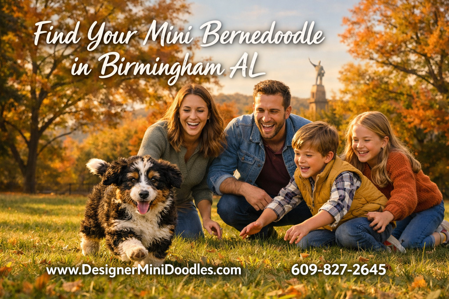 () image of a happy family with two children playing with a miniature bernedoodle puppy in a Birmingham Alabama park
