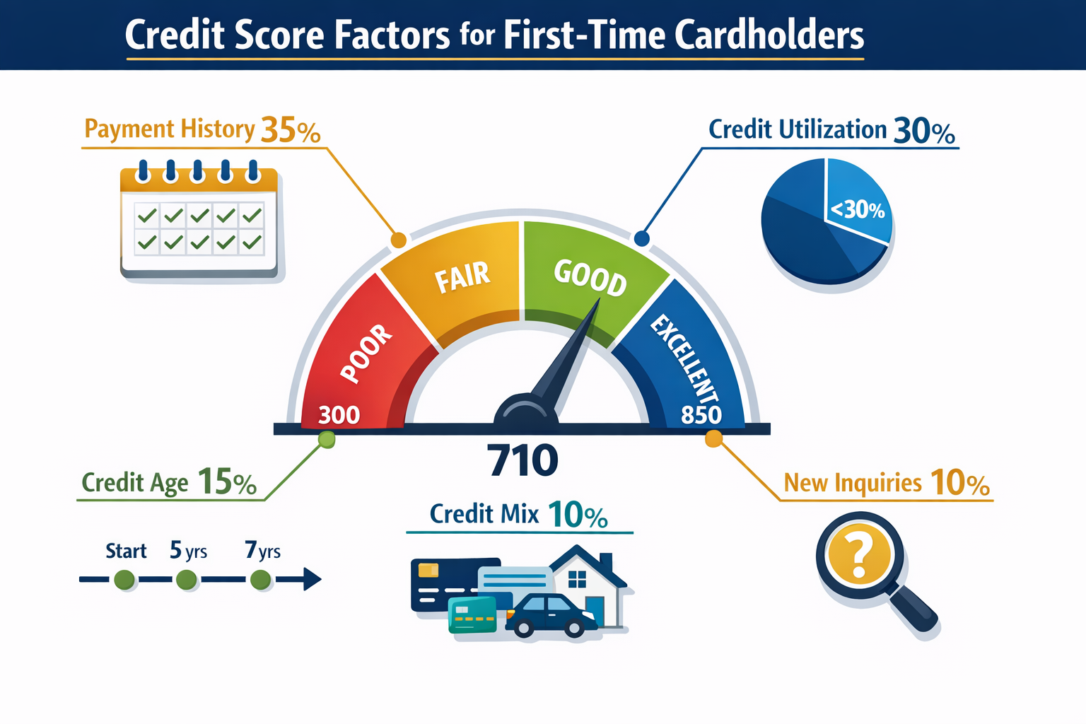 Landscape format (1536x1024) detailed infographic showing credit score impact factors for first-time cardholders. Central credit score gauge