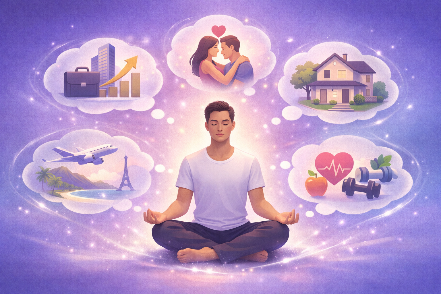 () conceptual illustration showing a person sitting peacefully in meditation pose surrounded by floating thought bubbles
