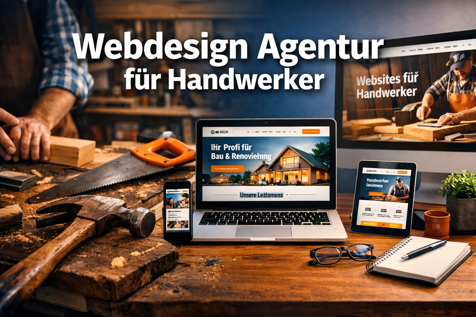 Professional landscape format (1536x1024) hero image with bold text overlay 'Webdesign Agentur f&uuml;r Handwerker' in extra large 72pt white san