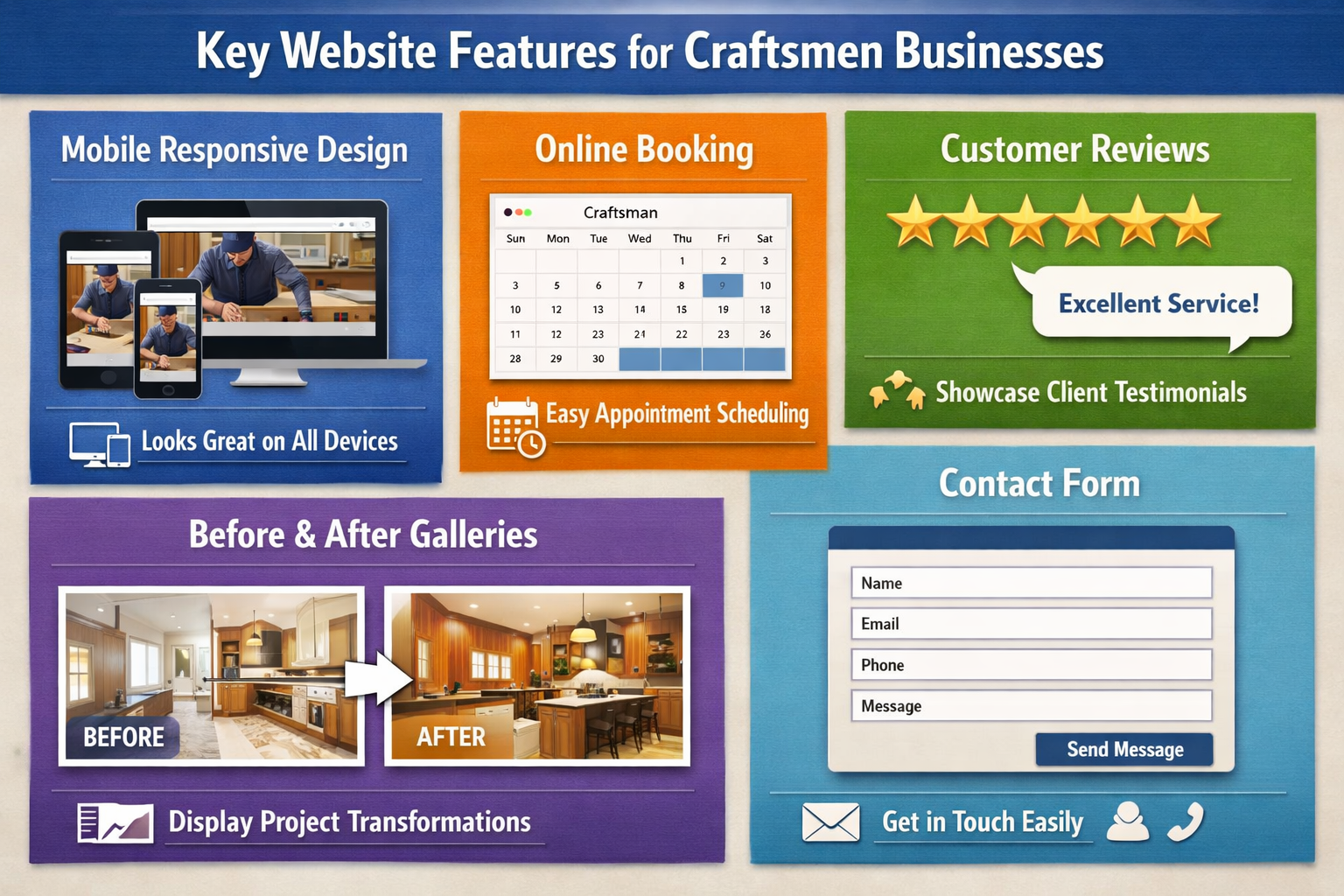 Landscape format (1536x1024) infographic-style image displaying key website features for craftsmen businesses. Visual elements include mobil