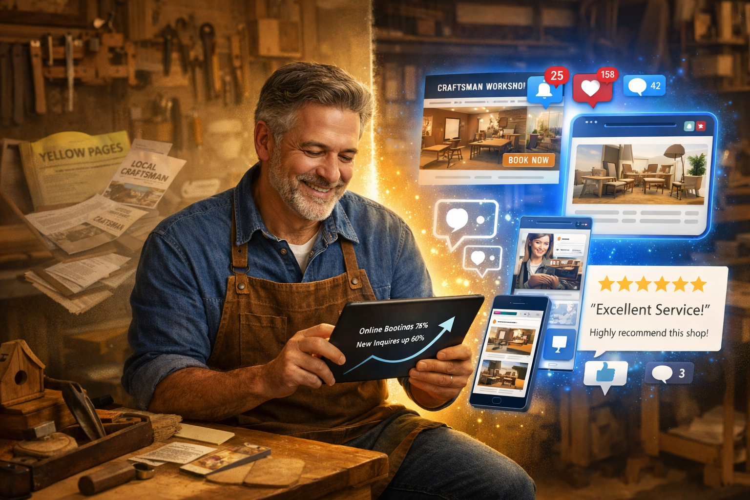 Landscape format (1536x1024) image depicting successful craftsman business owner in workshop reviewing tablet showing increased online booki