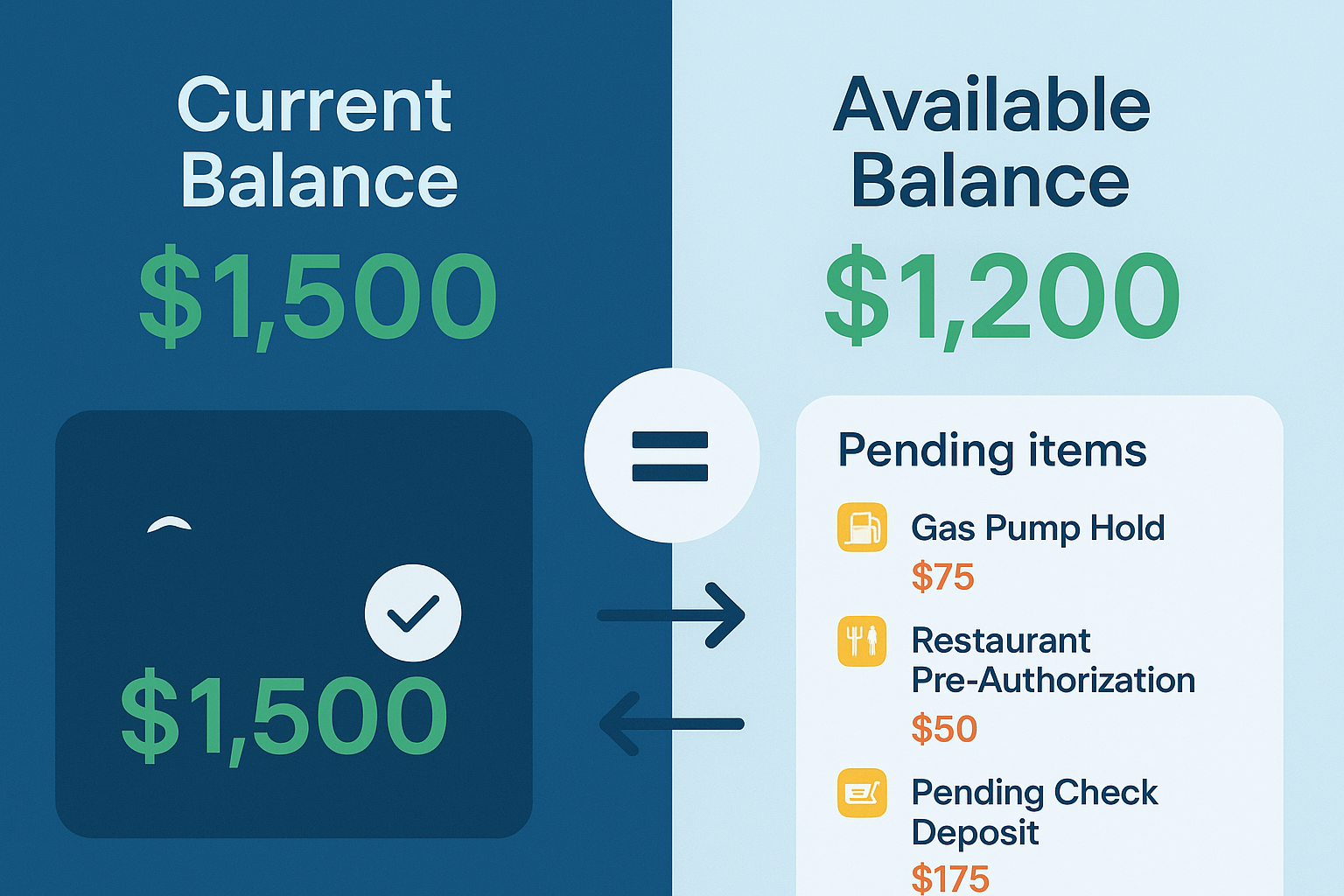Detailed landscape infographic (1536x1024) comparing current balance versus available balance with side-by-side visual representation. Left 