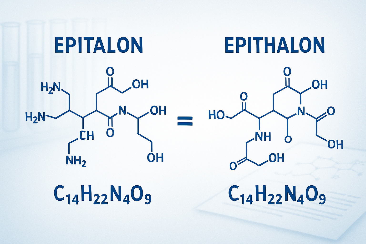 Scientific comparison infographic showing two molecular structures side by side labeled 'Epitalon' and 'Epithalon' with identical chemical b