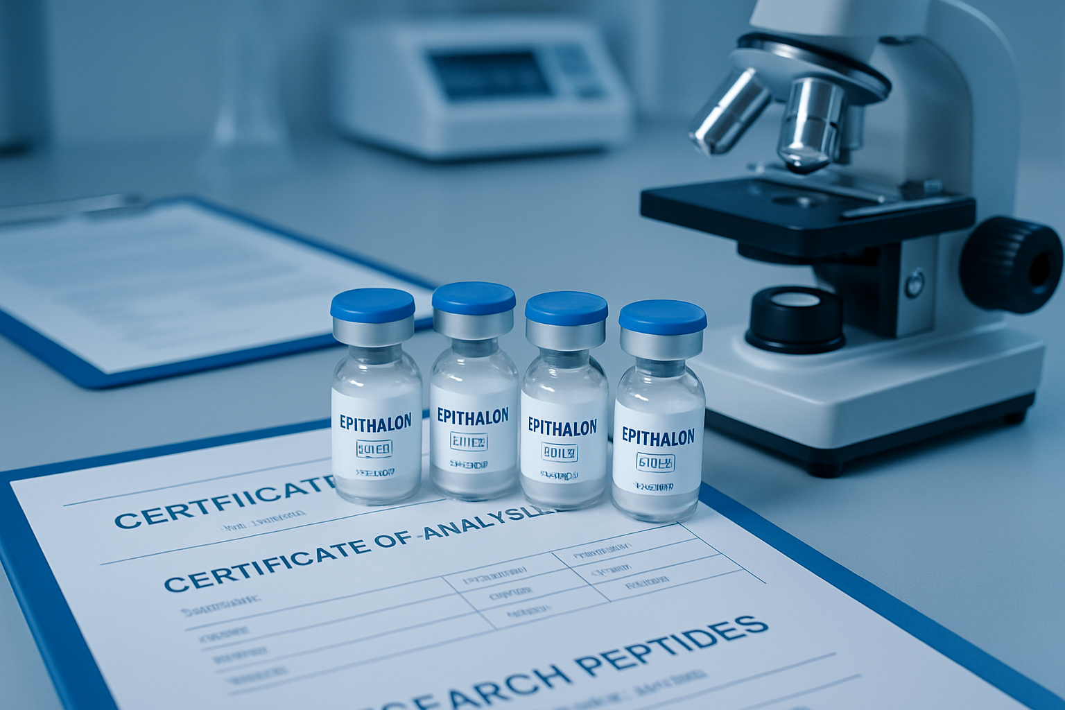 Research laboratory scene showing peptide vials, scientific documentation, and quality control equipment, with visible labels showing 'Epith