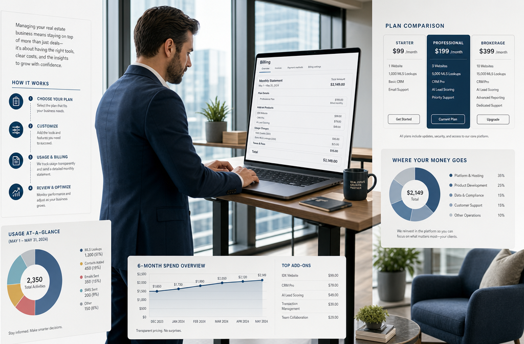 Wide-angle shot of a real estate agent at a standing desk reviewing a monthly billing statement on a laptop screen showing