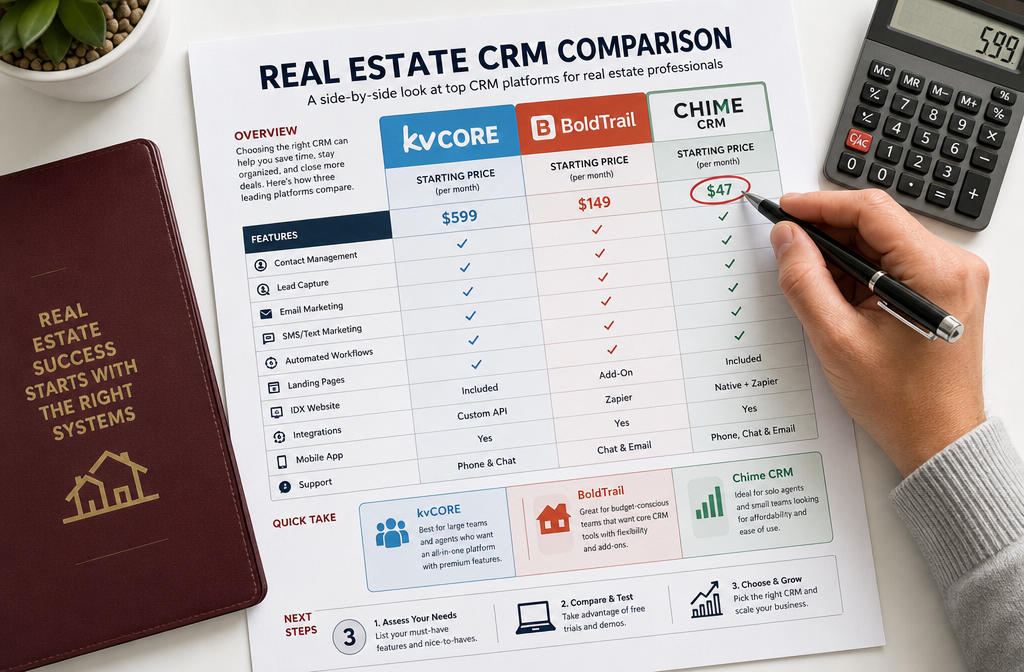 Overhead flat-lay composition showing a comparison chart printed on paper between multiple real estate CRM platforms