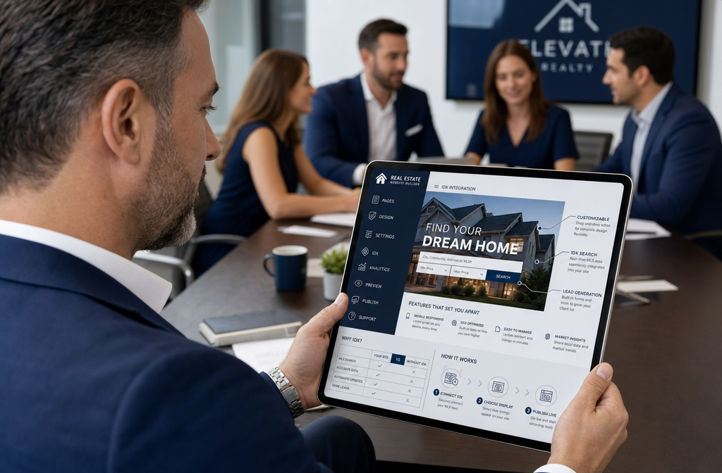 Close-up mid-shot of a real estate broker at a conference table with a tablet showing a real estate website builder
