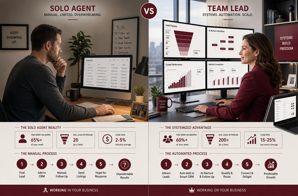 Split-screen style editorial illustration showing two real estate agents side by side &mdash; one solo agent at a small desk with