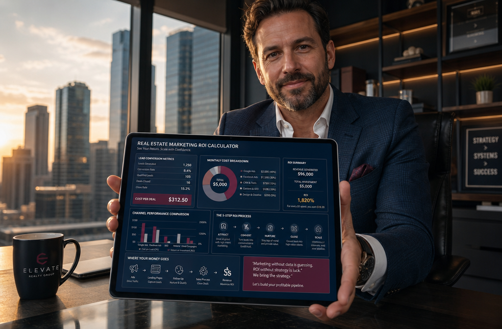 Dynamic angled shot of a real estate professional holding a tablet displaying a ROI calculation dashboard with lead