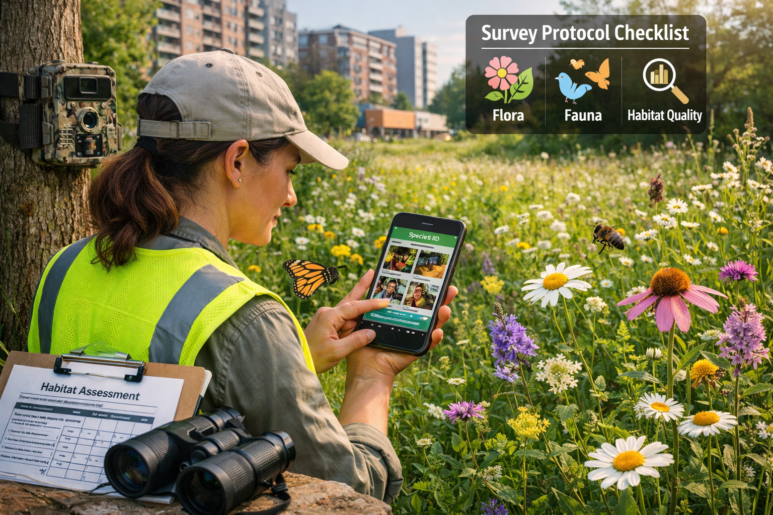 Detailed () image showing city ecologist conducting field survey in urban green corridor, wearing high-visibility vest,