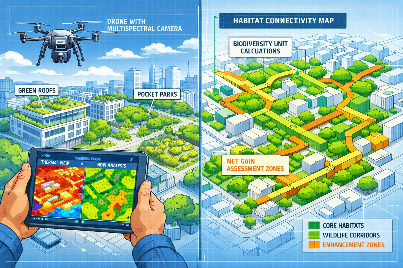 Detailed () technical illustration showing drone equipped with multispectral camera hovering above urban biodiversity