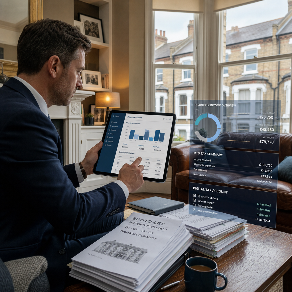 Wide-angle editorial photograph of a professional UK chartered surveyor in a suit reviewing digital tablet showing quarterly