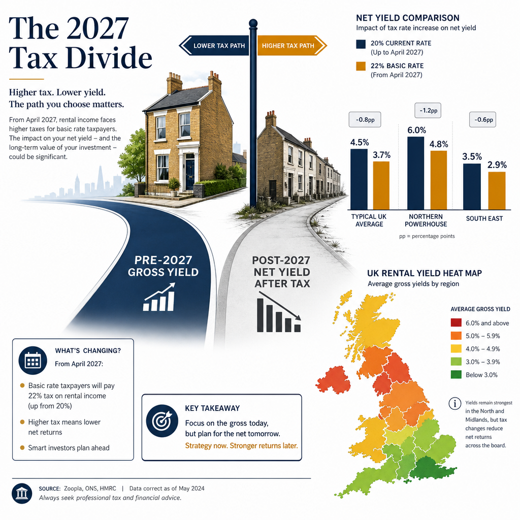 Infographic-style editorial illustration showing two diverging paths: one labeled 'Pre-2027 Gross Yield' and one labeled