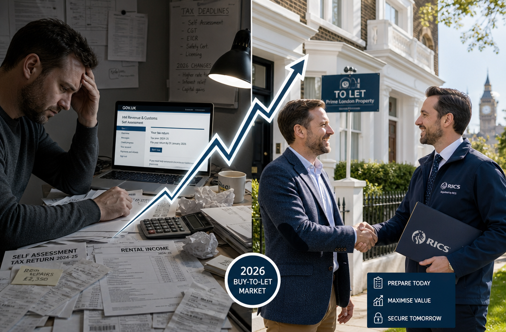 Split-composition editorial image: left half shows a stressed landlord at a desk surrounded by tax paperwork and a laptop