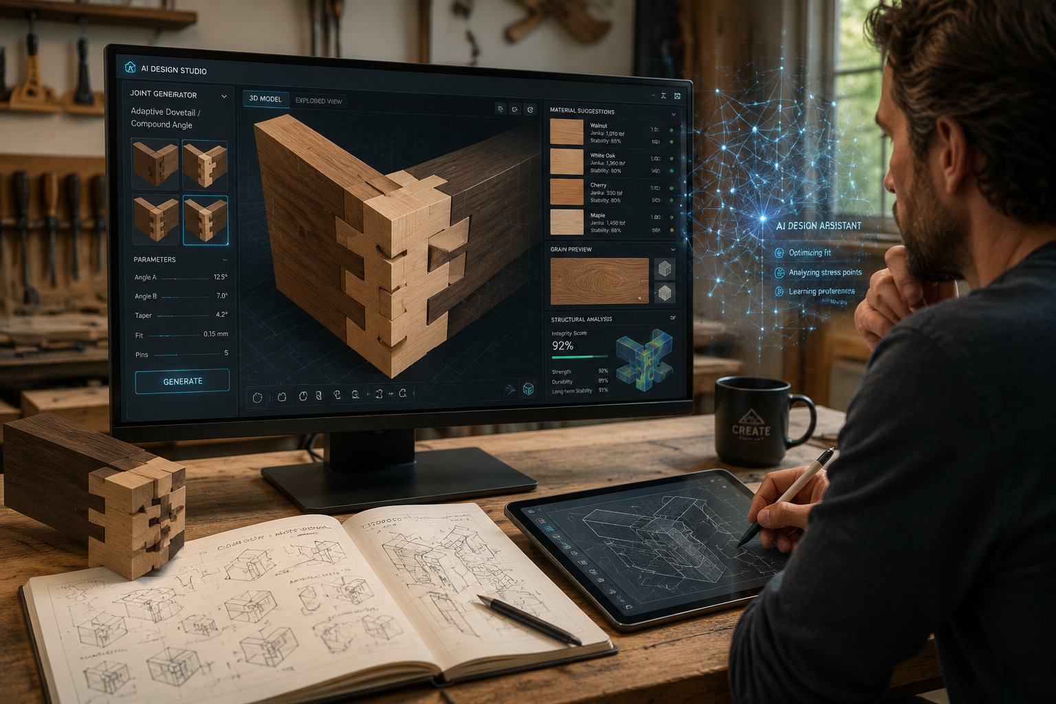 () image illustrating AI-powered design for woodworking. The scene shows a woodworker at a computer screen displaying a 3D