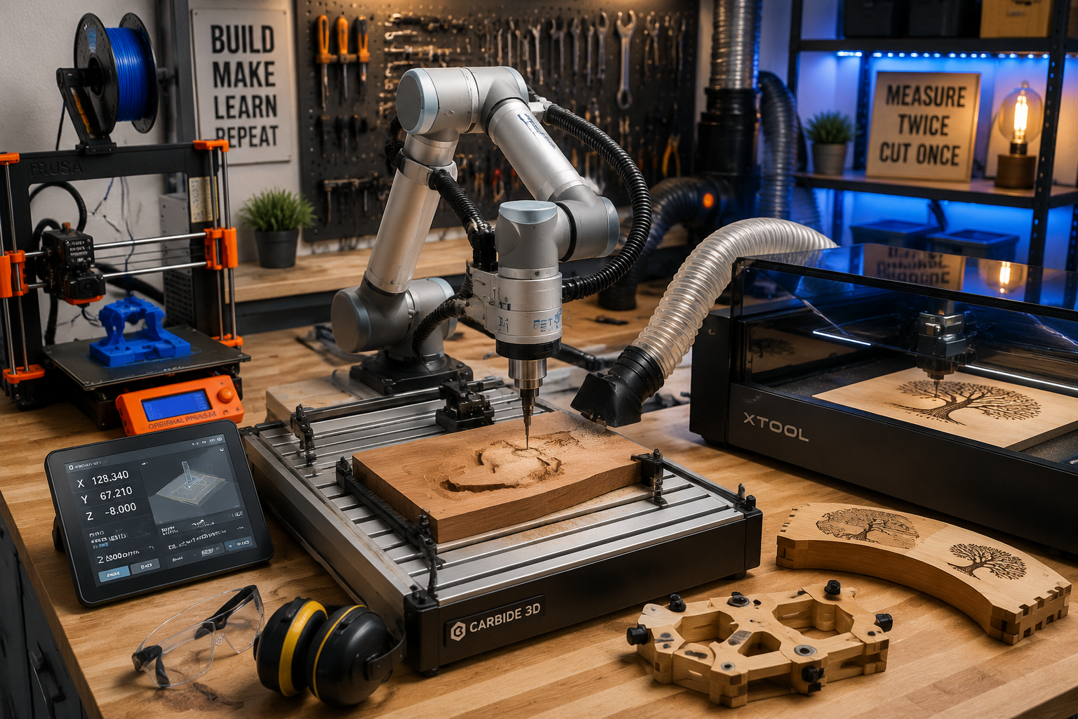 () image depicting small-scale robotics and advanced digital fabrication within a home workshop. A compact, multi-axis
