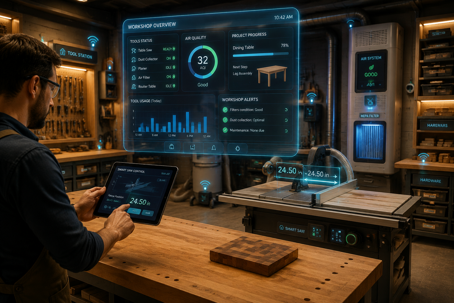 () image presenting an integrated smart workshop ecosystem. A central holographic display shows a dashboard of an