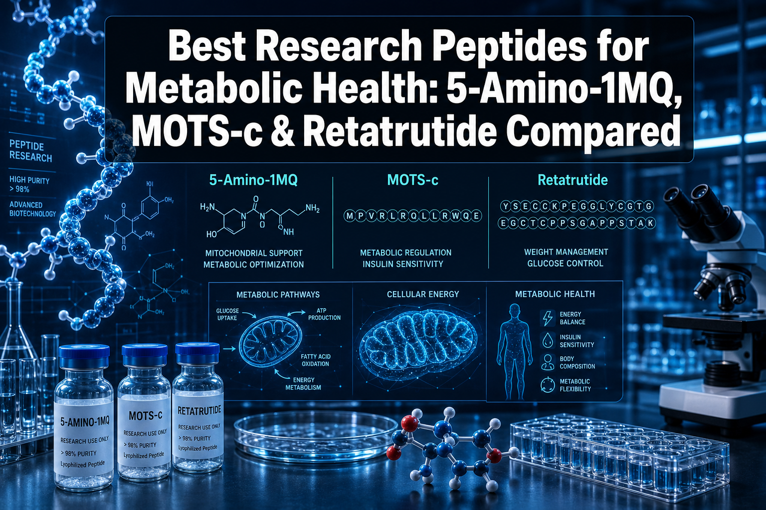 Professional () hero image with : 'Best Research Peptides for Metabolic Health: 5-Amino-1MQ, MOTS-c & Retatrutide Compared'