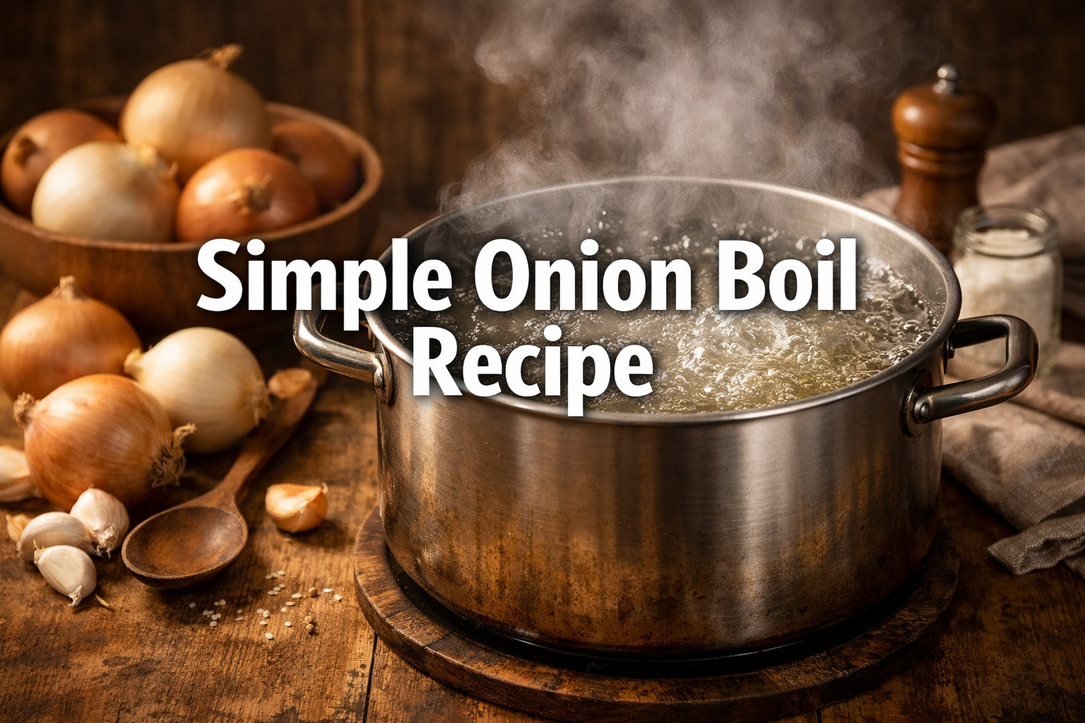 Professional landscape hero image (1536x1024) with bold text overlay 'Simple Onion Boil Recipe' in 70pt white sans-serif font with dark shad