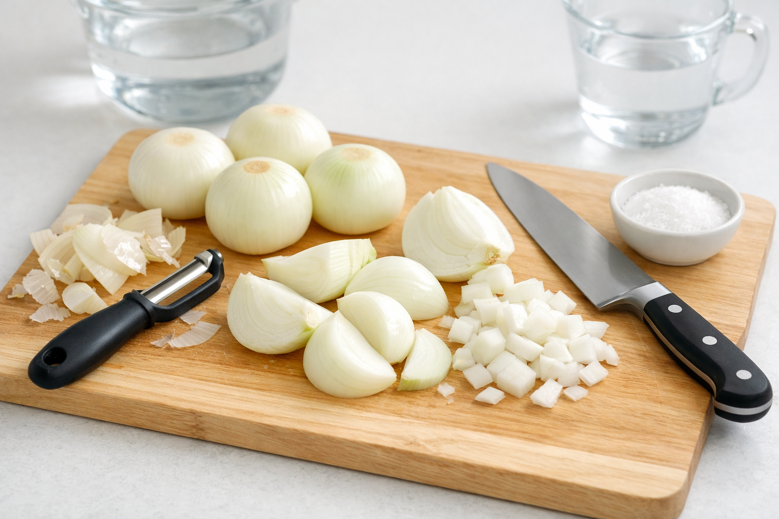 Landscape image (1536x1024) showing step-by-step onion boil preparation: cutting board with peeled onions in various stages, sharp knife, ve
