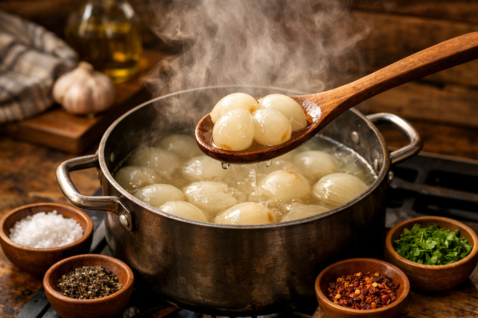 Landscape image (1536x1024) featuring a steaming pot of perfectly boiled onions on stovetop, wooden spoon lifting tender onions from clear b