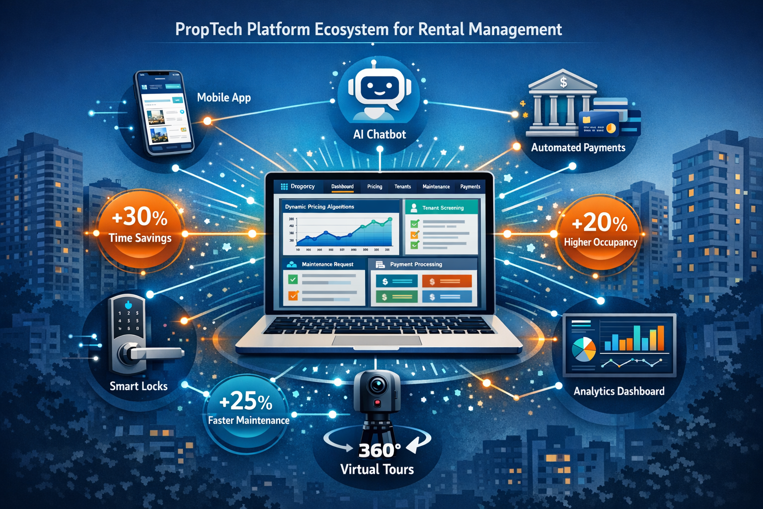 Detailed () infographic-style image displaying comprehensive PropTech platform ecosystem for rental management. Central hub