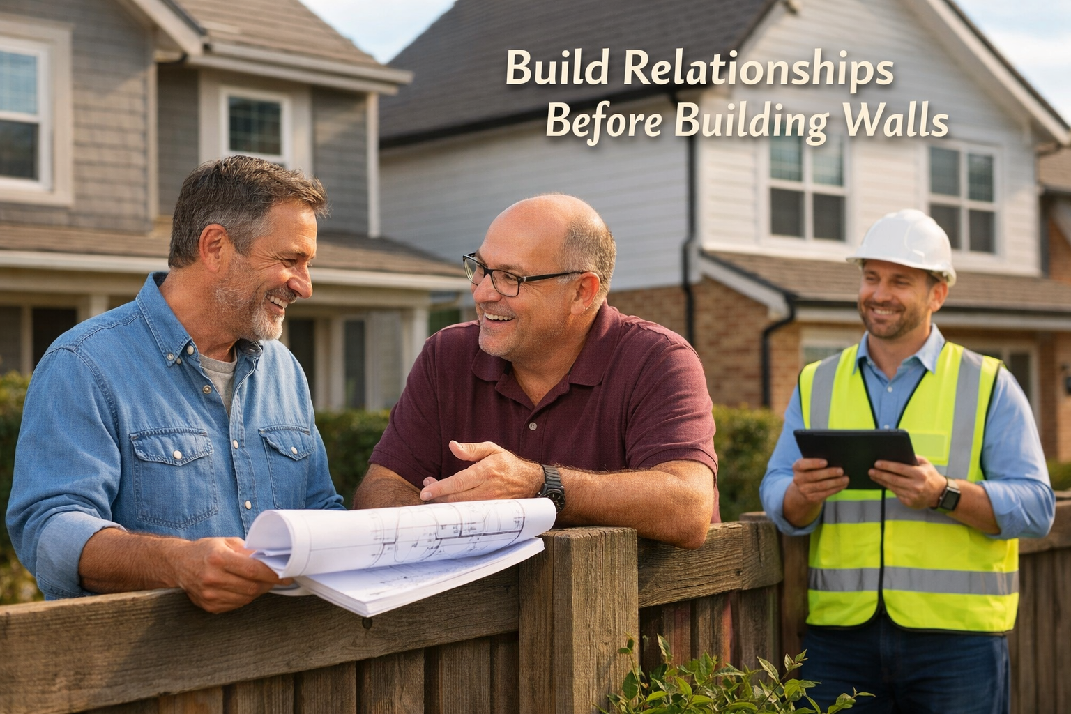 Landscape format (1536x1024) editorial image showing a warm, friendly conversation between two homeowners standing at their shared property