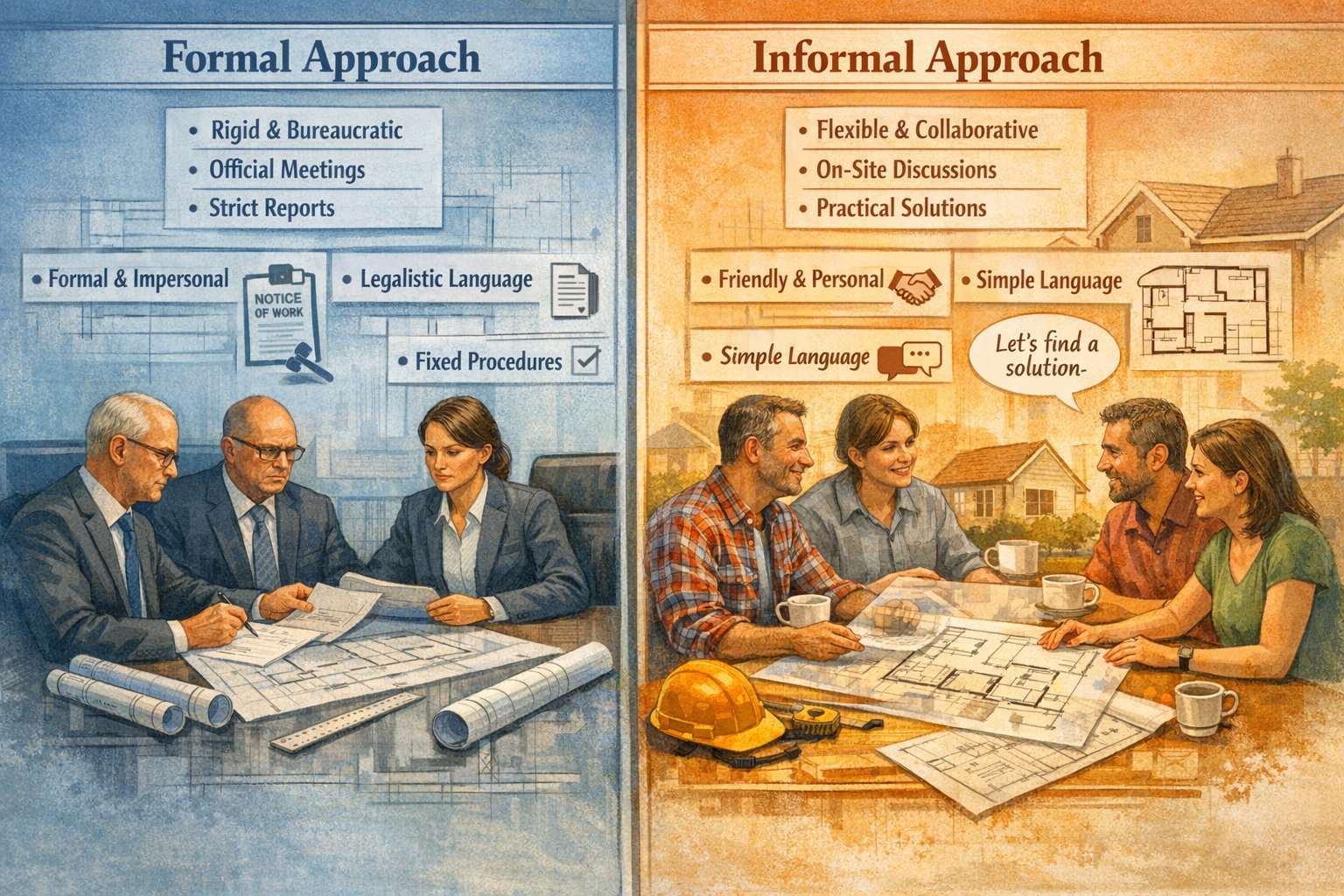 Split-screen editorial illustration comparing formal vs informal party wall surveyor approaches. Left side: Rigid, bureaucratic setting with