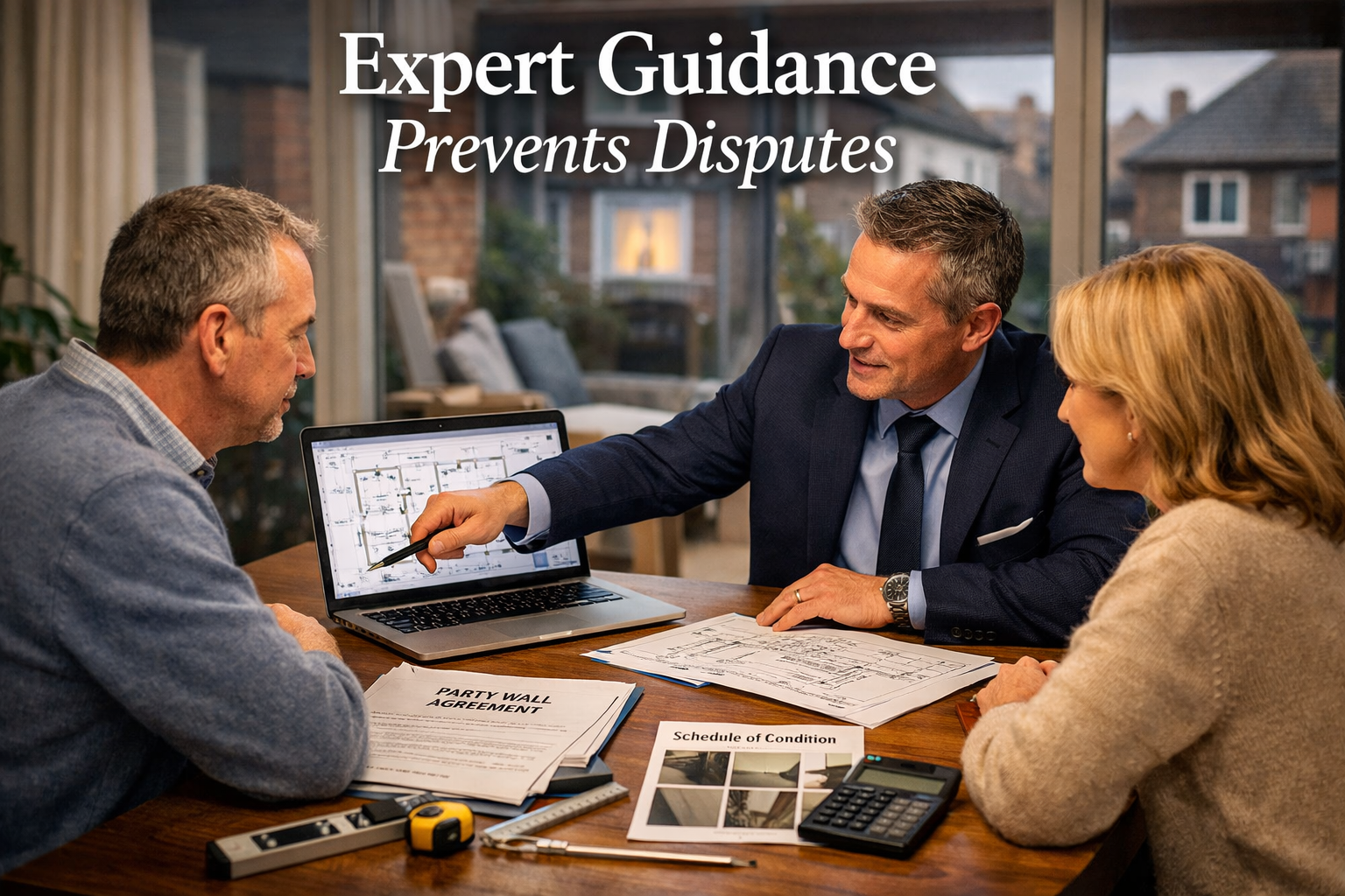 Landscape format (1536x1024) detailed image showing a professional party wall surveyor in business attire conducting an early consultation m