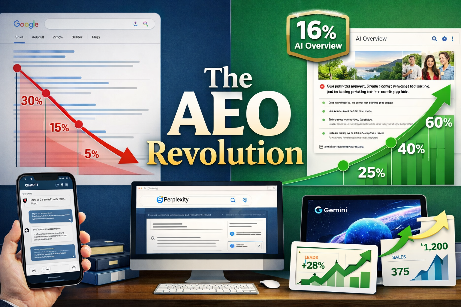 Landscape format (1536x1024) editorial image showing split-screen comparison: left side displays traditional Google search results with blue