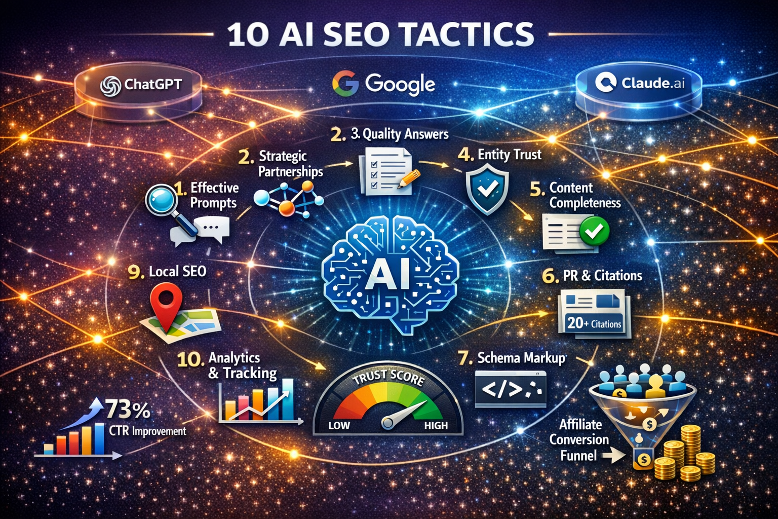 Landscape format (1536x1024) detailed infographic showing 10 numbered tactics arranged in circular flow diagram around central AI brain icon