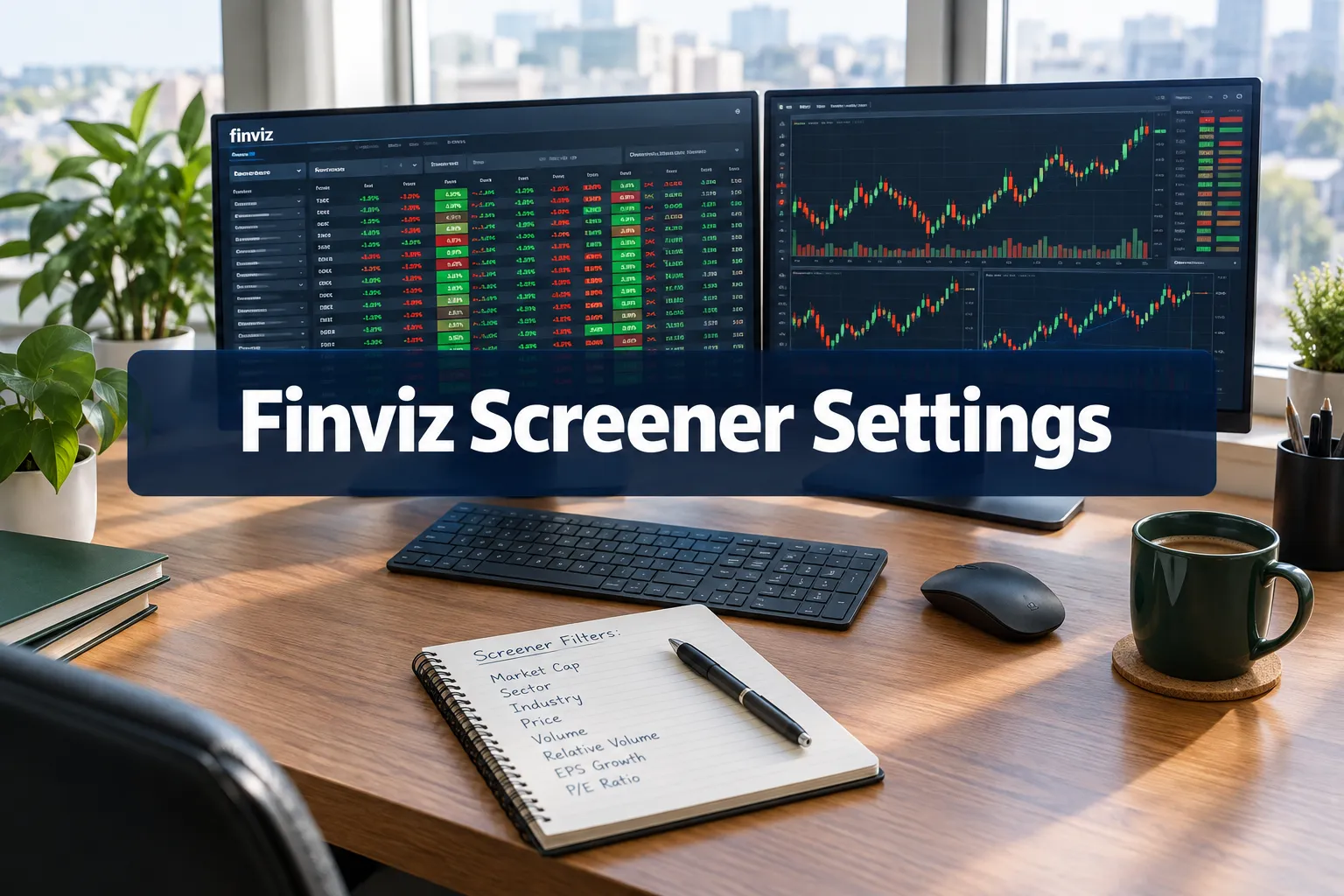 Finviz screener settings shown on a swing trader's desk with a handwritten filter list
