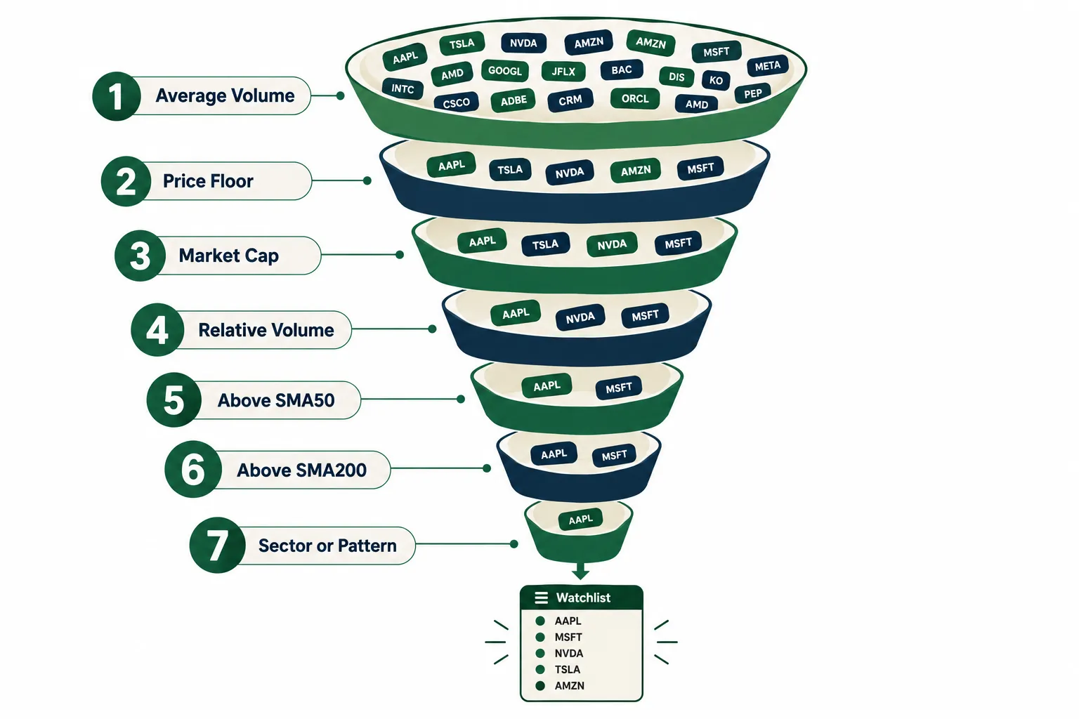 Seven Finviz screener filters narrowing a stock list into a swing trading watchlist