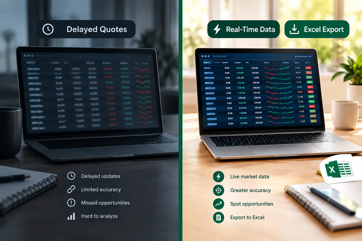 Finviz free with delayed quotes compared with Finviz Elite real-time data and export