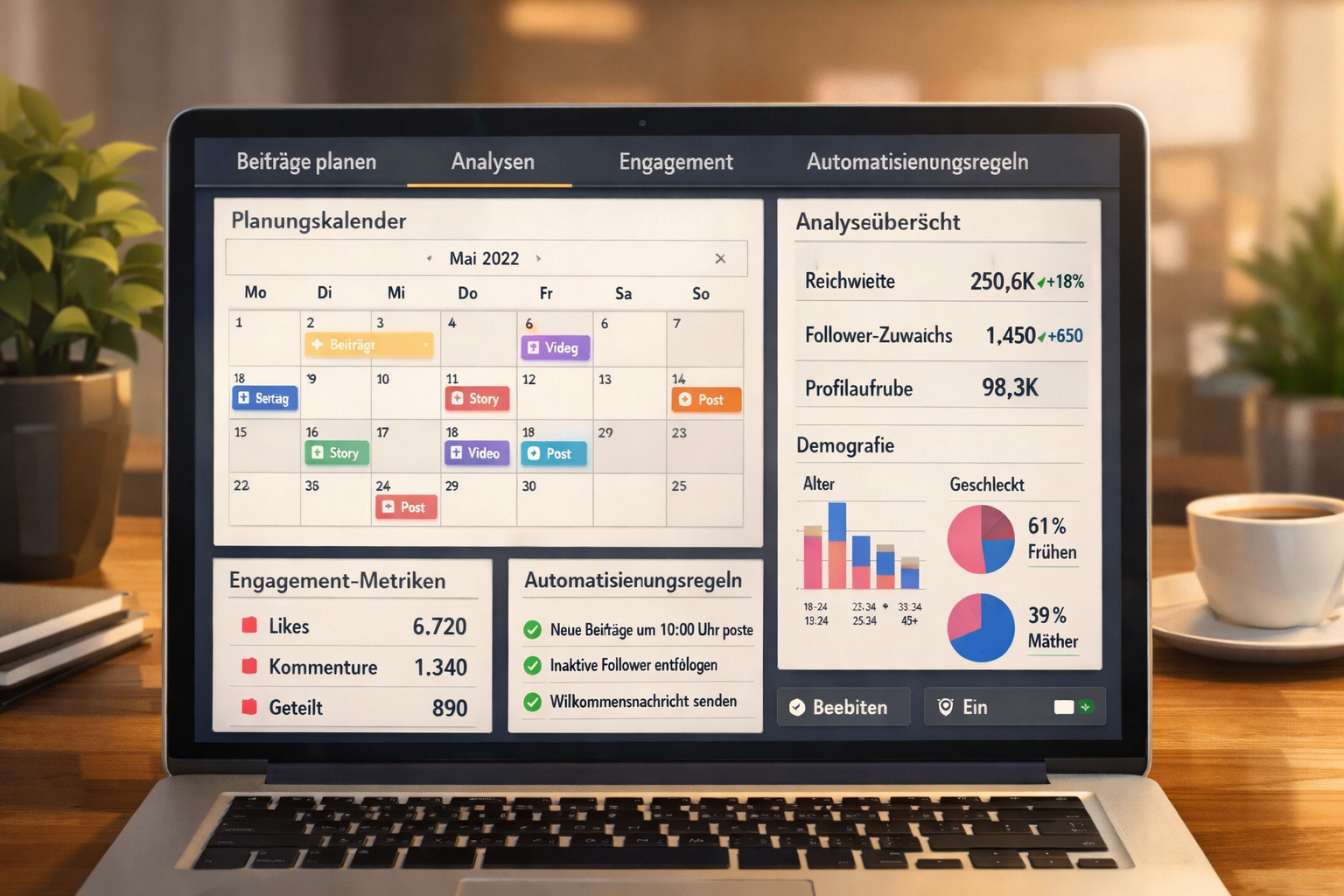 Querformat () Dashboard-Screenshot-Konzept: Ein stilisiertes Social-Media-Management-Dashboard zeigt Planungskalender,