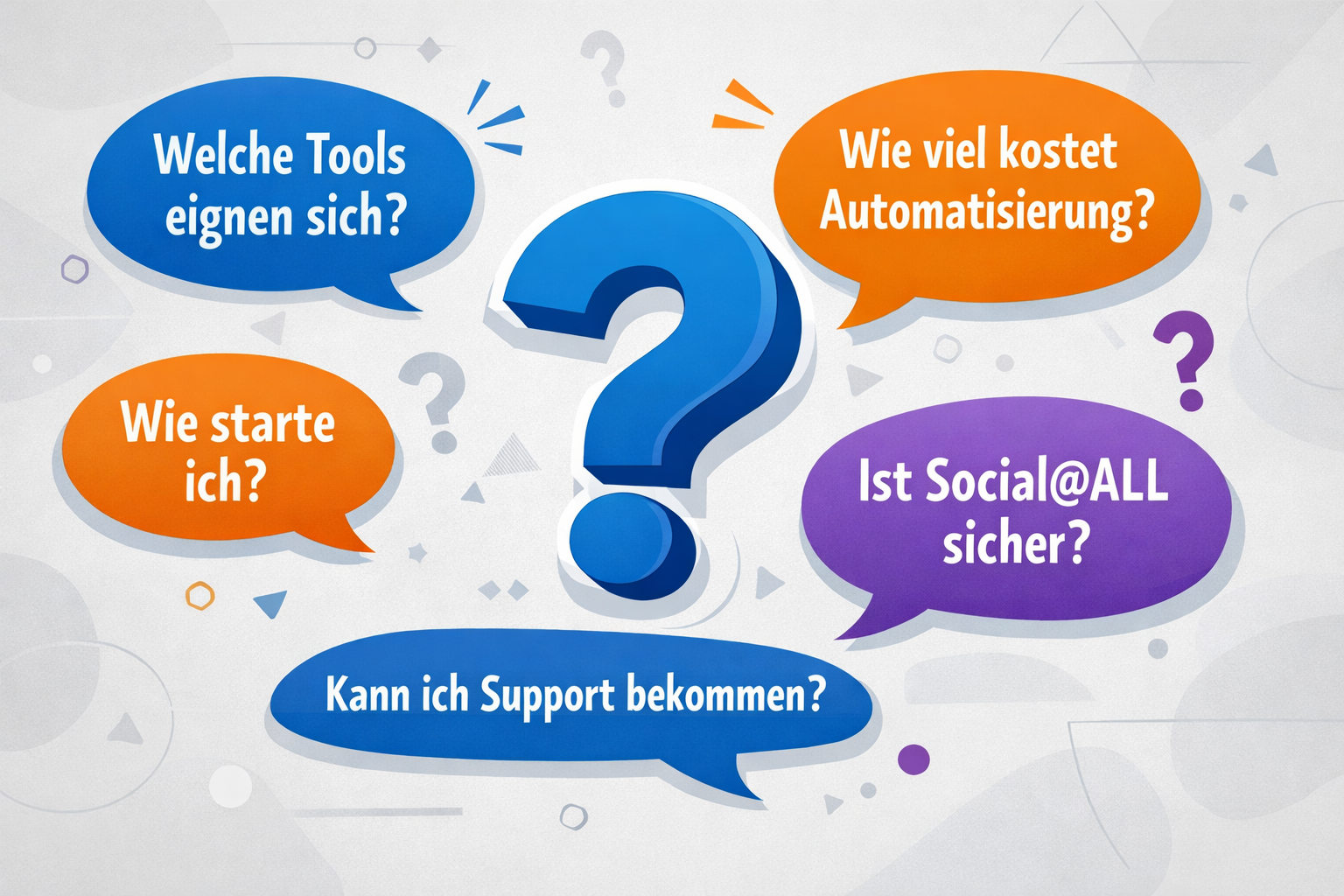 Querformat () FAQ-Visualisierung: Sprechblasen in verschiedenen Größen und Farben (Blau, Lila, Orange) zeigen häufige Fragen