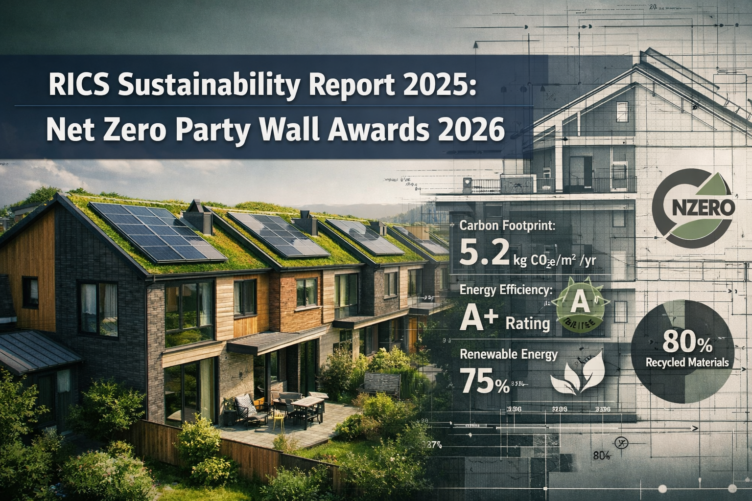 Professional () hero image featuring 'RICS Sustainability Report 2025: Net Zero Party Wall Awards 2026' in extra large white