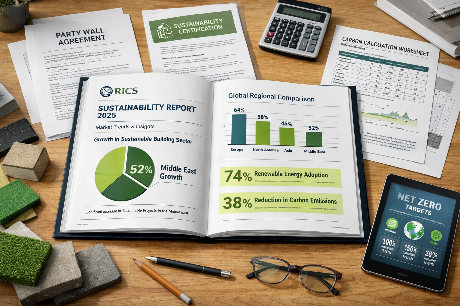Detailed () image showing open RICS Sustainability Report 2025 document on architect's desk with highlighted statistics and