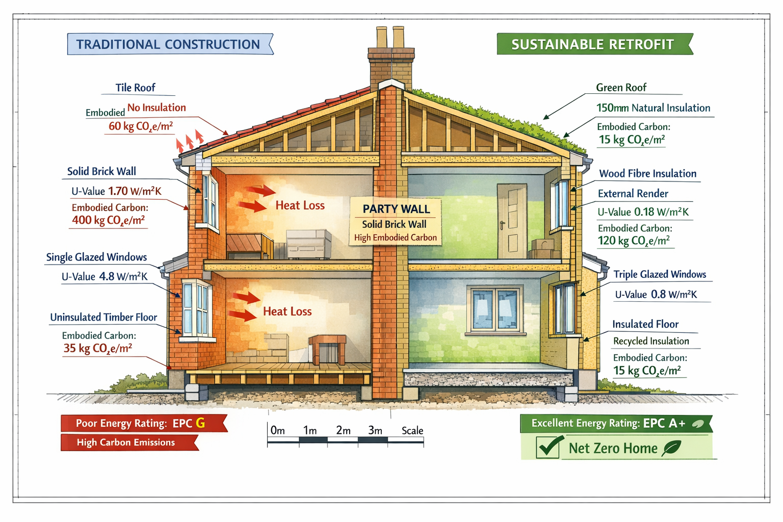 () technical illustration of terraced house cross-section showing party wall in center, with left side depicting traditional